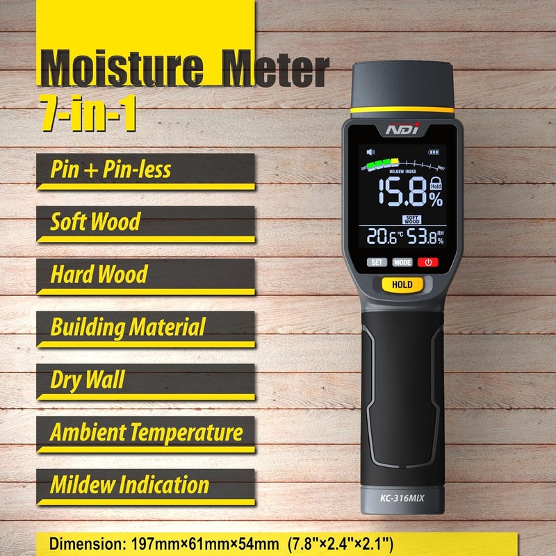 NDI 7 in 1 Pin-Type and Non-invasive Moisture Meter Scanner for Dry Wall/Cement Board/Soft Wood/Hard Wood upto 3/4 Inch Depth - Image 2